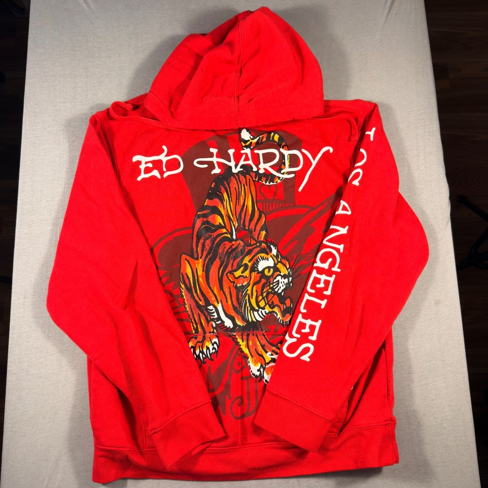 Ed Hardy Mens Red Tiger Graphic Hoodie Los Angeles Sleeve Print  M